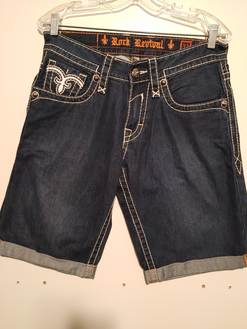 Rock Revival Men’s Indigo Denim Jean Shorts with Contrasting White Stitching